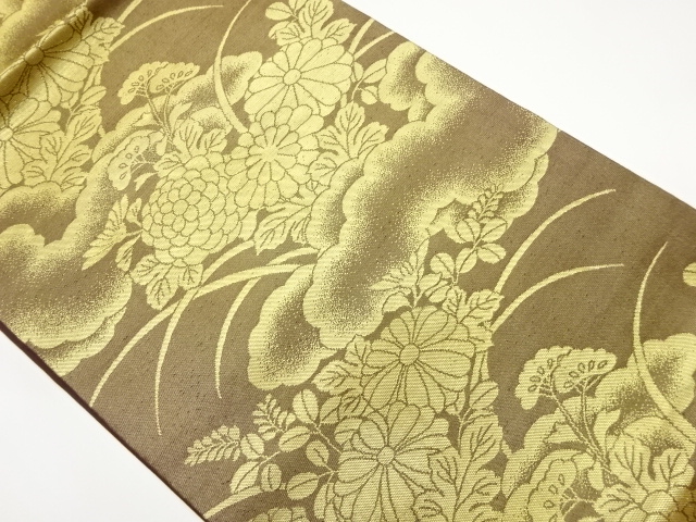 JAPANESE HIRAKI NAGOYA OBI / WOVEN CLOUD & AUTUMN FLOWERS